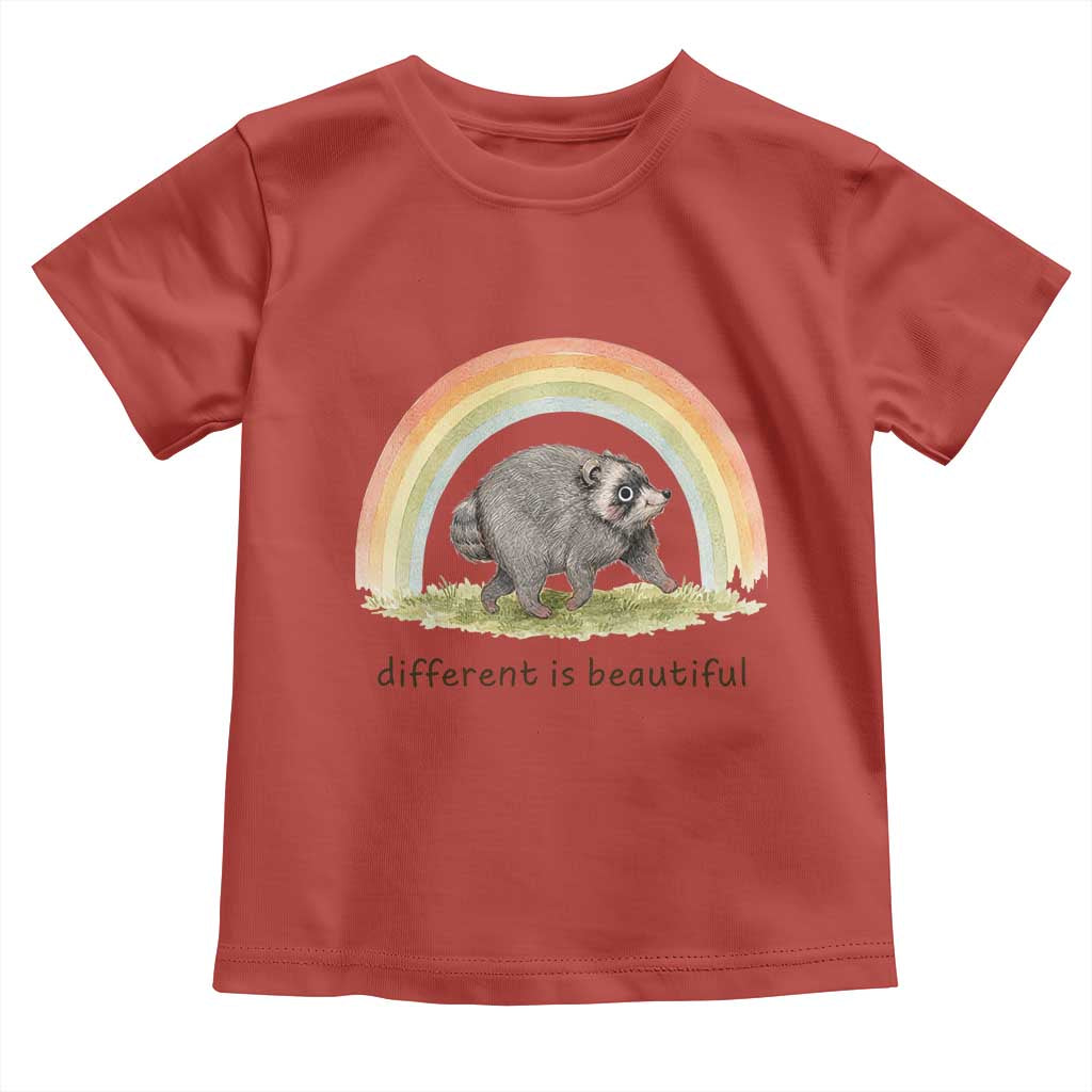 Cute Viral Raccoon Positive Quote Toddler T Shirt Different Is Beautiful Pastel Rainbow Graphic