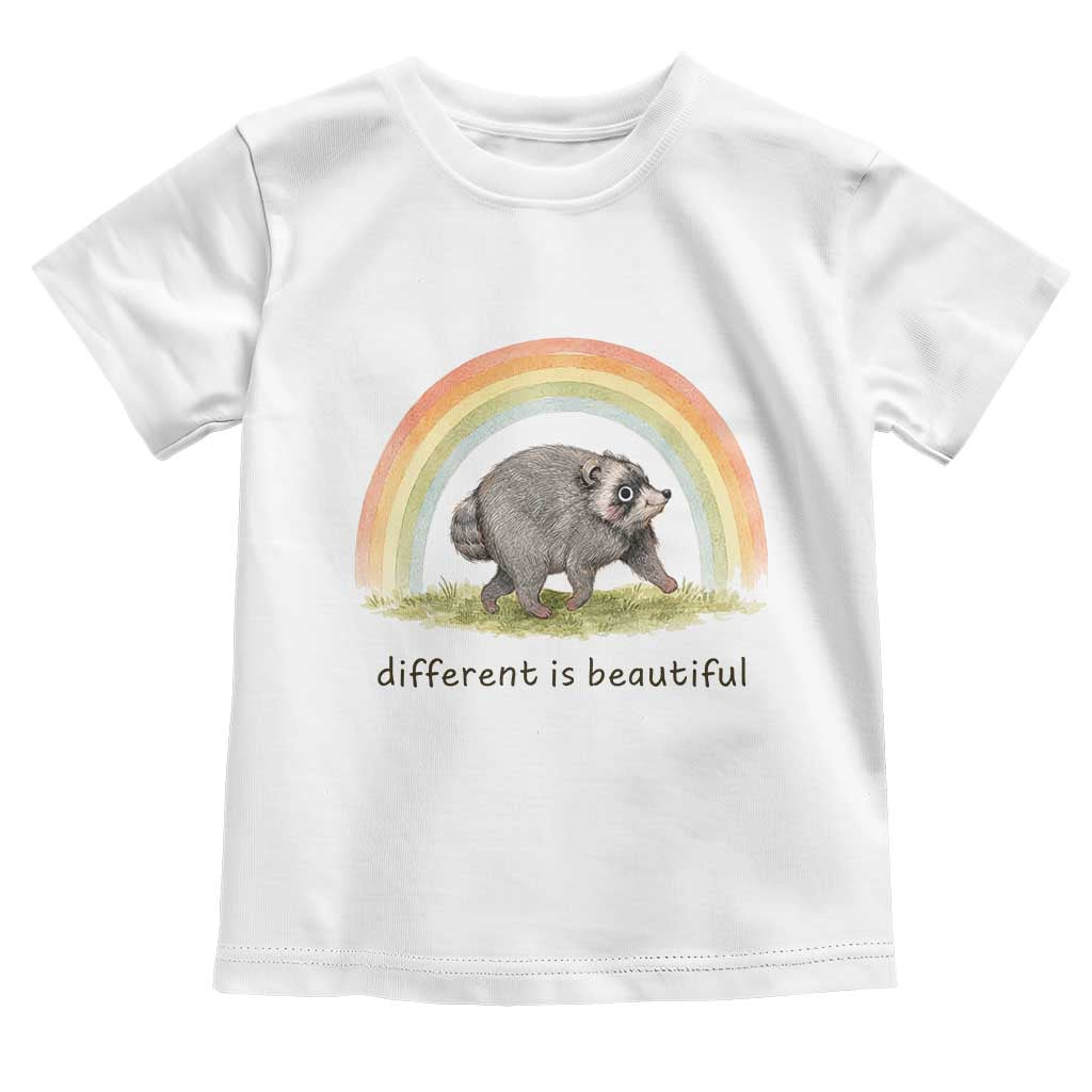 Cute Viral Raccoon Positive Quote Toddler T Shirt Different Is Beautiful Pastel Rainbow Graphic