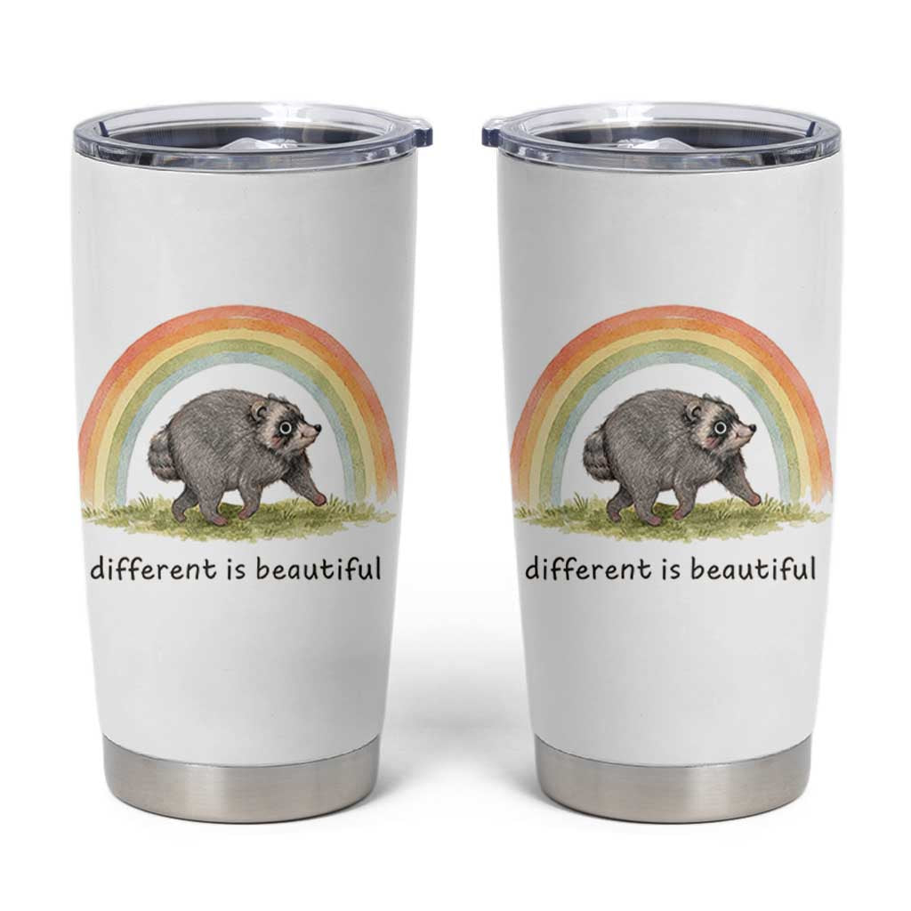 Cute Viral Raccoon Positive Quote Tumbler Cup Different Is Beautiful Pastel Rainbow Graphic