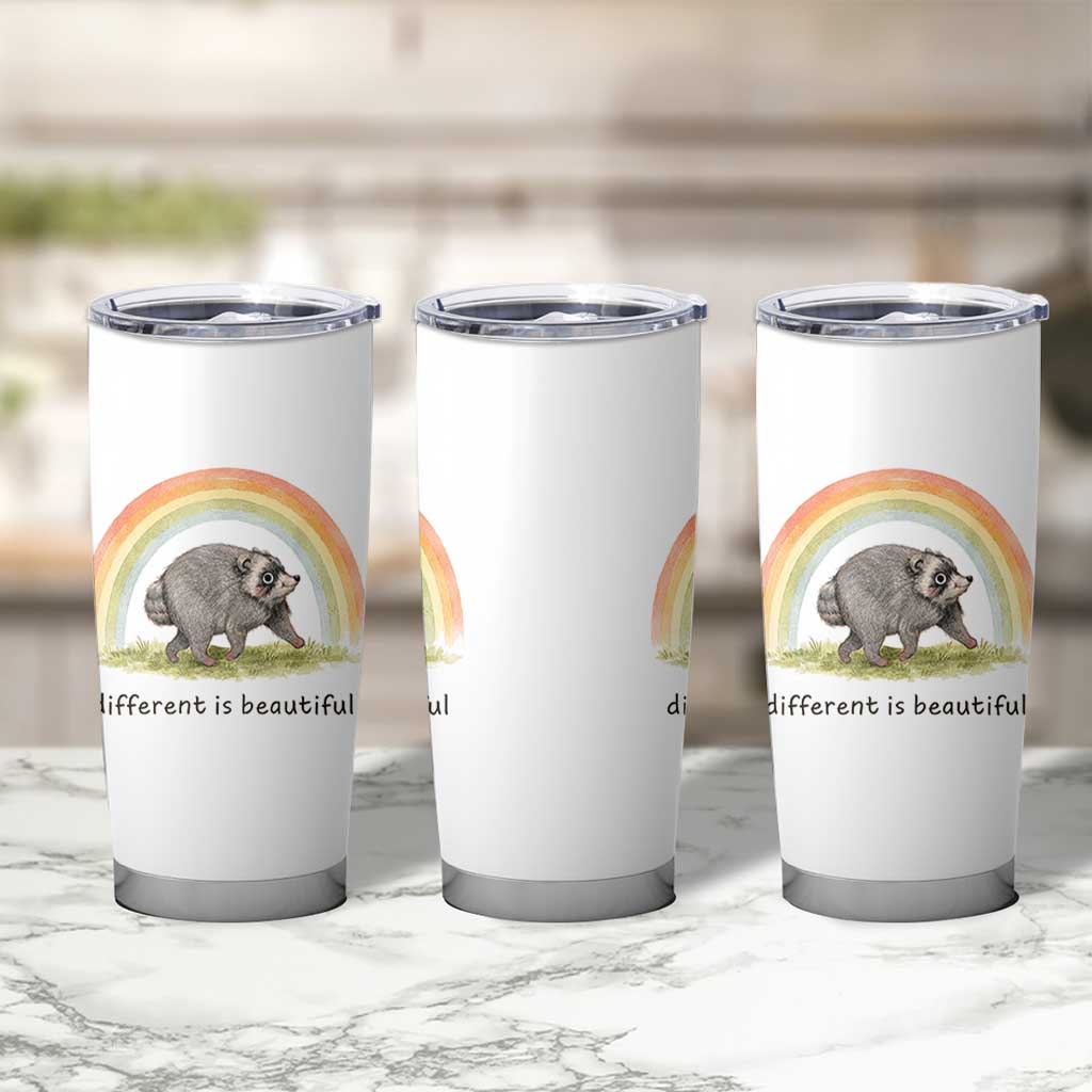 Cute Viral Raccoon Positive Quote Tumbler Cup Different Is Beautiful Pastel Rainbow Graphic