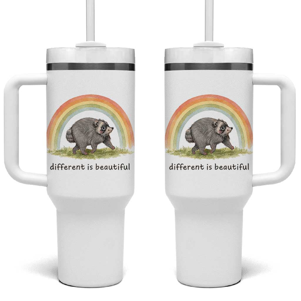 Cute Viral Raccoon Positive Quote Tumbler With Handle Different Is Beautiful Pastel Rainbow Graphic