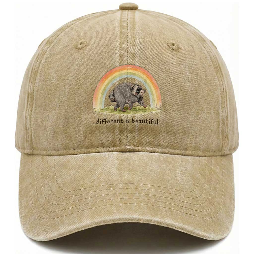 Cute Viral Raccoon Positive Quote Washed Cotton Baseball Cap Different Is Beautiful Pastel Rainbow Graphic
