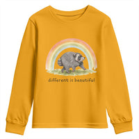 Cute Viral Raccoon Positive Quote Youth Sweatshirt Different Is Beautiful Pastel Rainbow Graphic