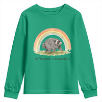 Cute Viral Raccoon Positive Quote Youth Sweatshirt Different Is Beautiful Pastel Rainbow Graphic