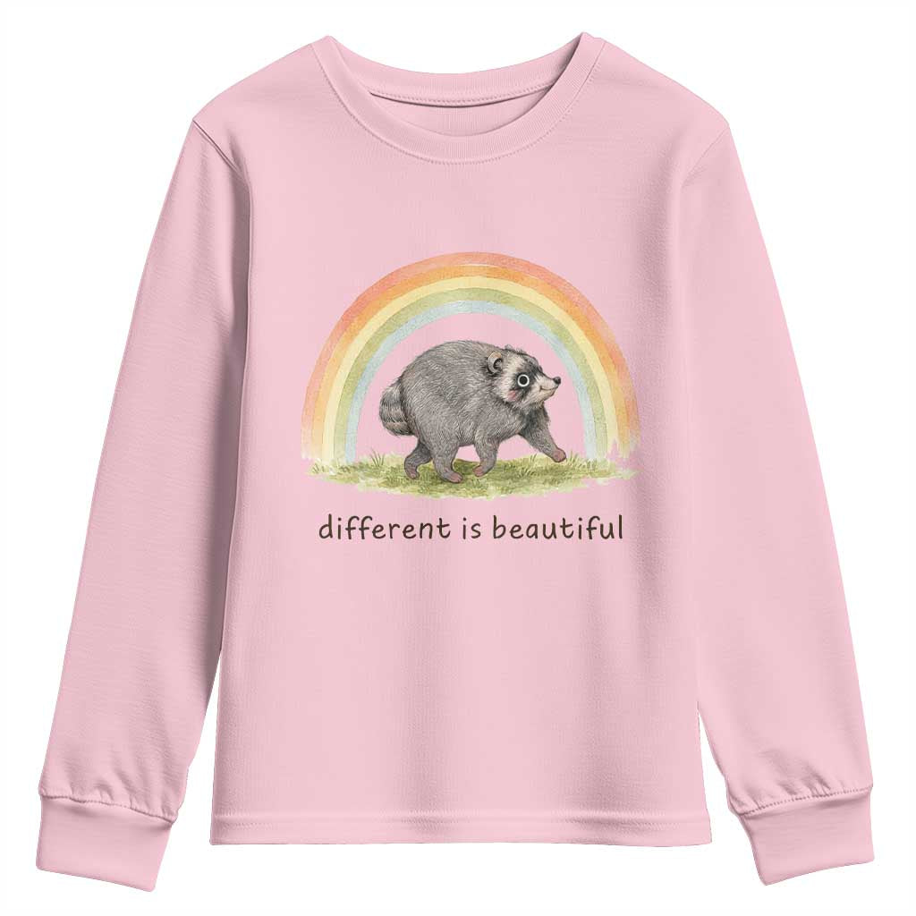 Cute Viral Raccoon Positive Quote Youth Sweatshirt Different Is Beautiful Pastel Rainbow Graphic