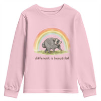 Cute Viral Raccoon Positive Quote Youth Sweatshirt Different Is Beautiful Pastel Rainbow Graphic
