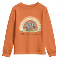 Cute Viral Raccoon Positive Quote Youth Sweatshirt Different Is Beautiful Pastel Rainbow Graphic