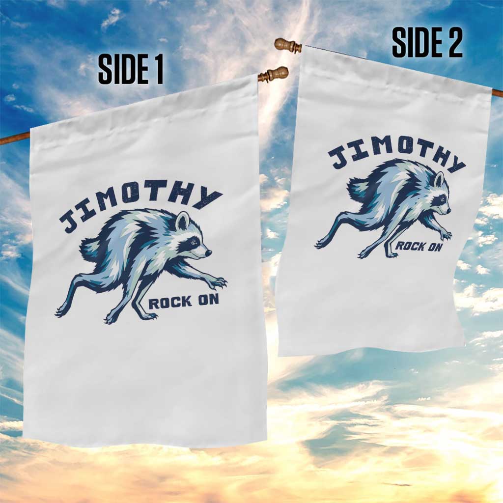 Rock On Jimothy the Raccoon Blue Graphic Garden Flag Vintage Viral Seattle Trash Panda