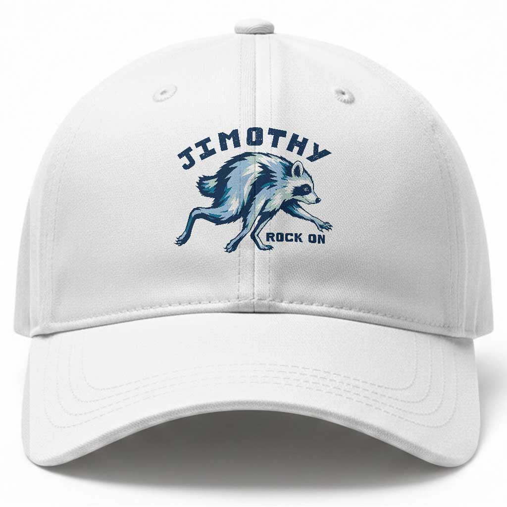 Rock On Jimothy the Raccoon Blue Graphic Baseball Cap Vintage Viral Seattle Trash Panda