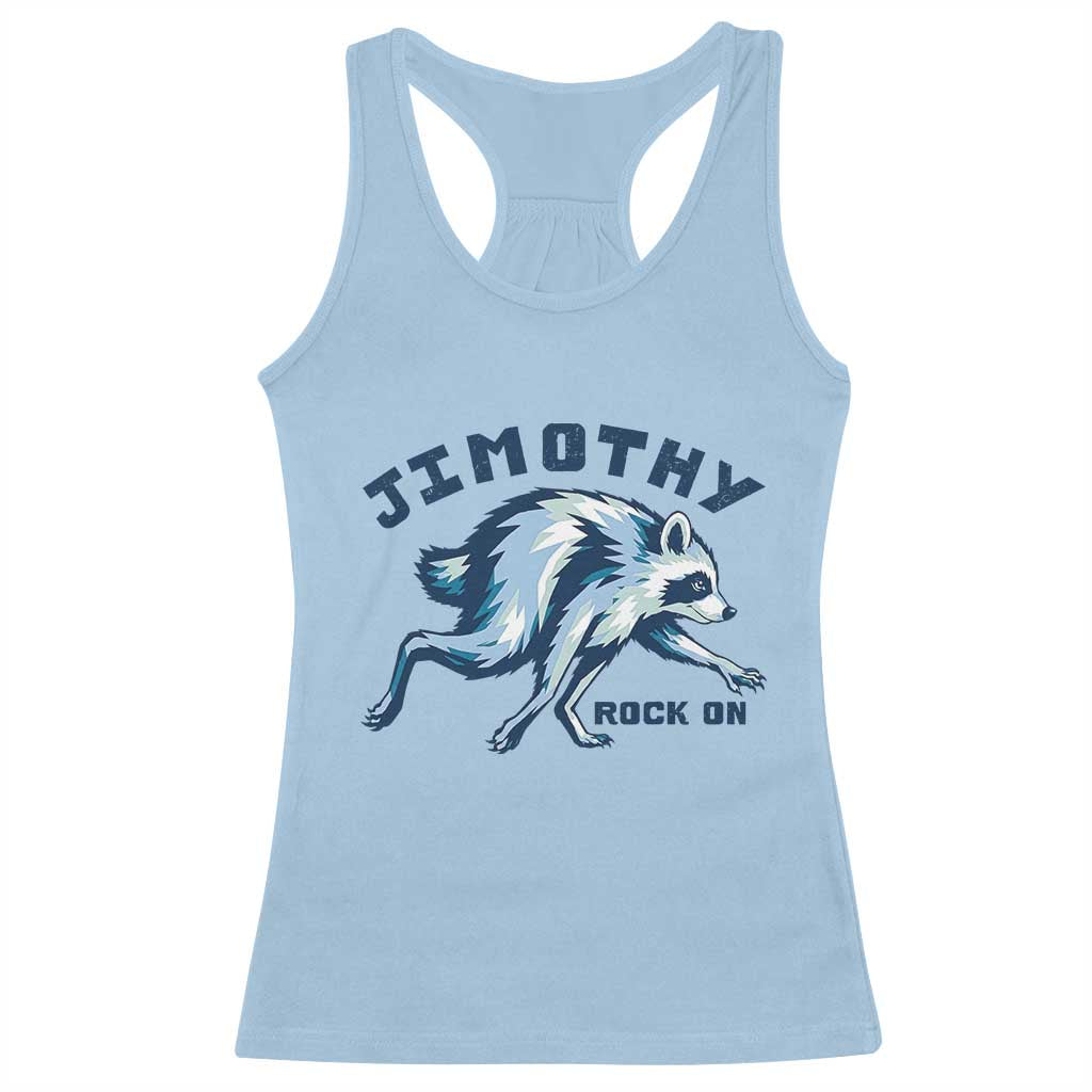 Rock On Jimothy the Raccoon Blue Graphic Racerback Tank Top Vintage Viral Seattle Trash Panda