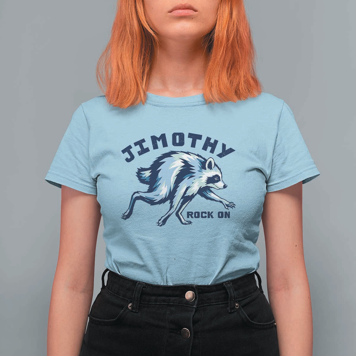 Rock On Jimothy the Raccoon Blue Graphic T Shirt For Women Vintage Viral Seattle Trash Panda