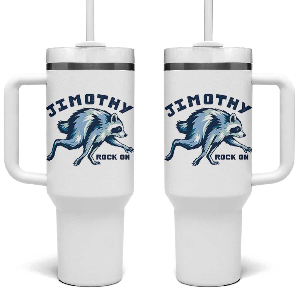 Rock On Jimothy the Raccoon Blue Graphic Tumbler With Handle Vintage Viral Seattle Trash Panda