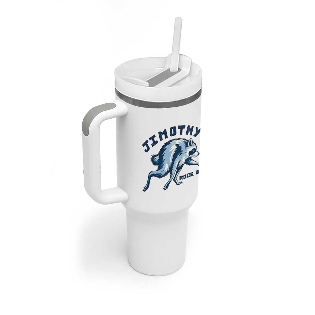 Rock On Jimothy the Raccoon Blue Graphic Tumbler With Handle Vintage Viral Seattle Trash Panda