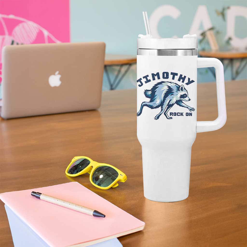 Rock On Jimothy the Raccoon Blue Graphic Tumbler With Handle Vintage Viral Seattle Trash Panda