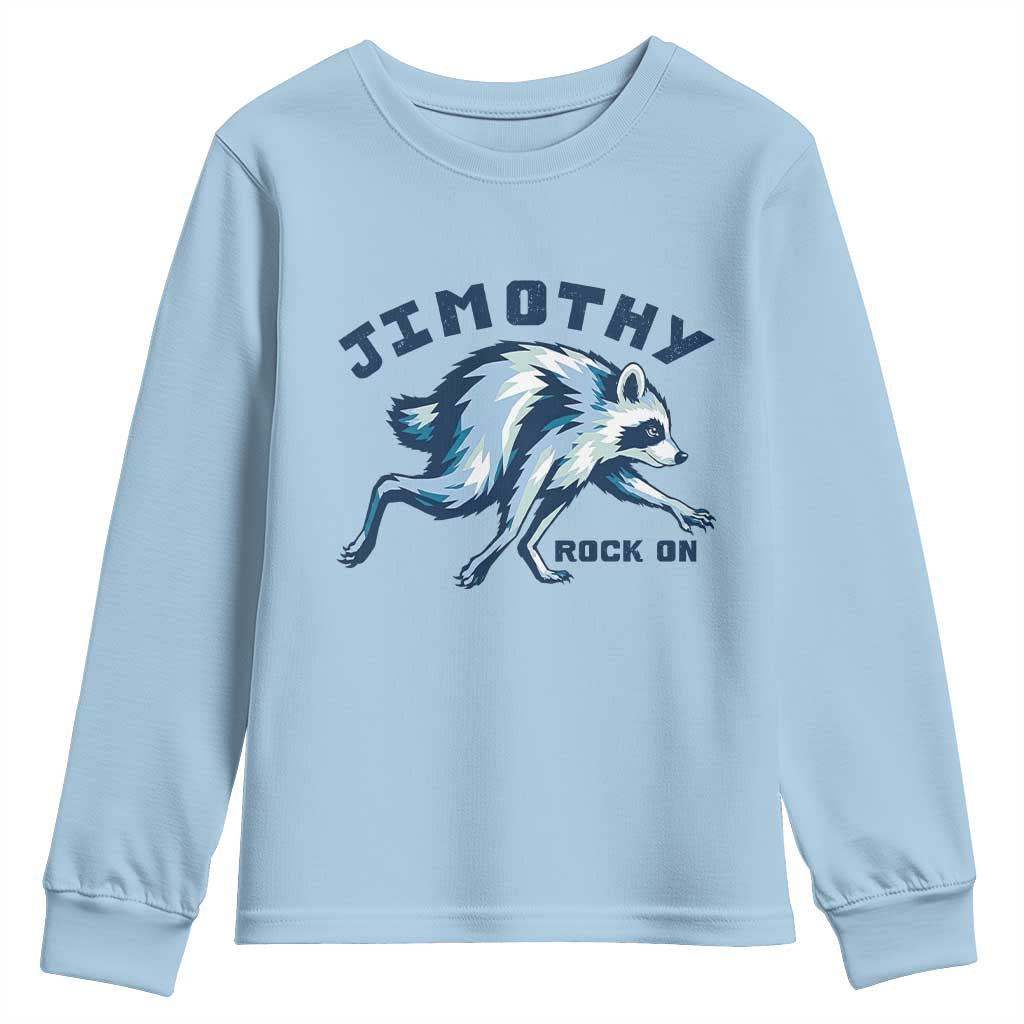 Rock On Jimothy the Raccoon Blue Graphic Youth Sweatshirt Vintage Viral Seattle Trash Panda
