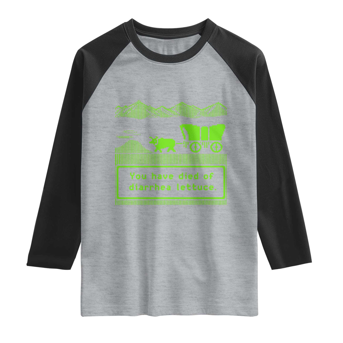 Retro 8-Bit Pixel 80s Game Over Parody Graphic Raglan Shirt You Have Died Of Diarrhea Lettuce