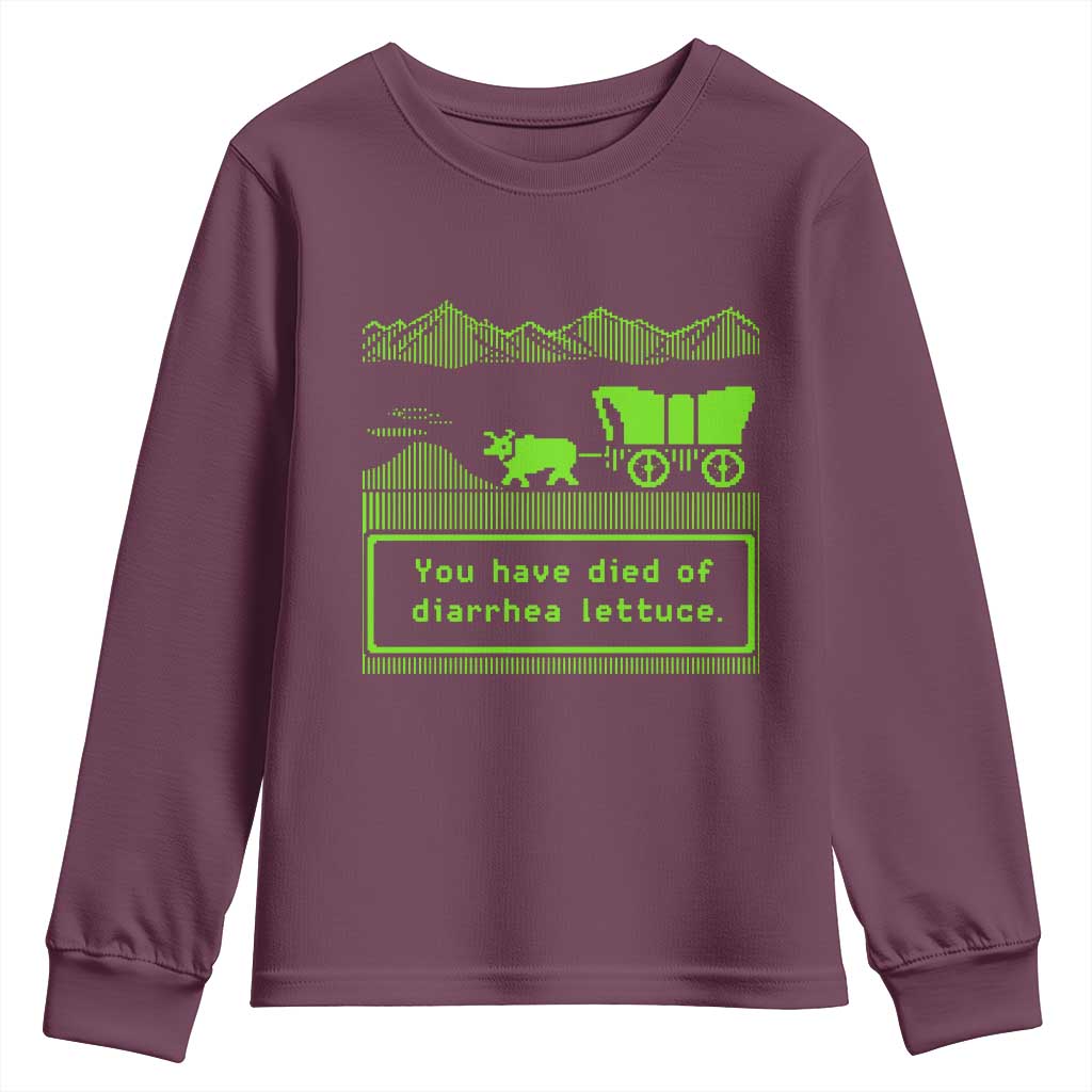Retro 8-Bit Pixel 80s Game Over Parody Graphic Youth Sweatshirt You Have Died Of Diarrhea Lettuce