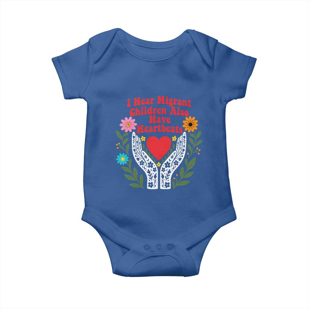 I Hear Migrant Children Also Have Heartbeats Baby Onesie Groovy Retro Floral Hands Heart Social Justice