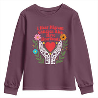 I Hear Migrant Children Also Have Heartbeats Youth Sweatshirt Groovy Retro Floral Hands Heart Social Justice