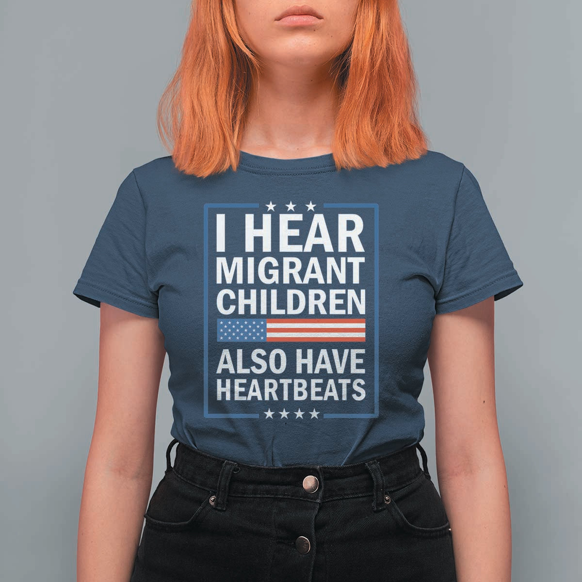 I Hear Migrant Children Also Have Heartbeats T Shirt For Women Patriotic American Flag Human Rights