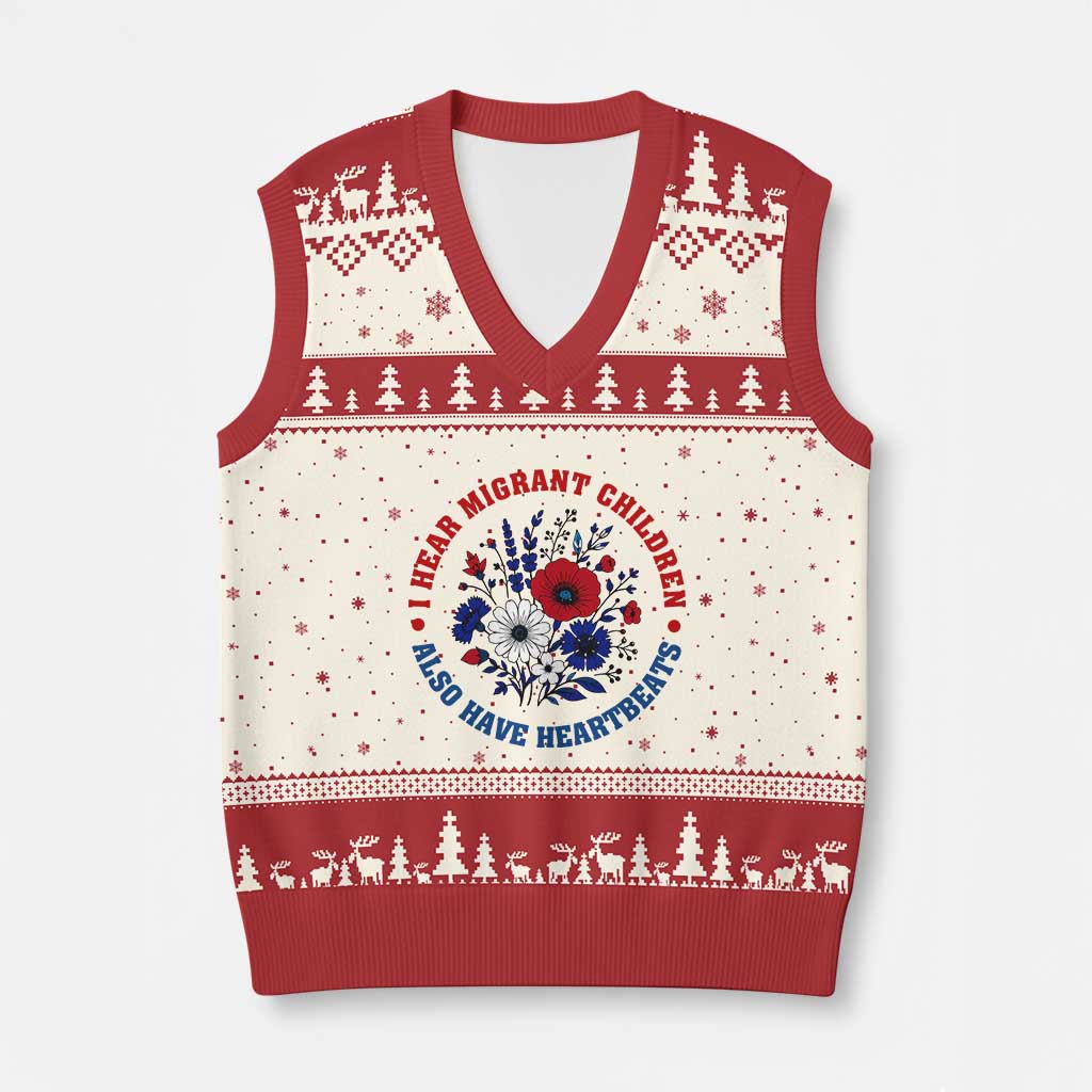 I Hear Migrant Children Also Have Heartbeats V-Neck Knit Sweater Vest Patriotic Red White Blue Floral Human Rights