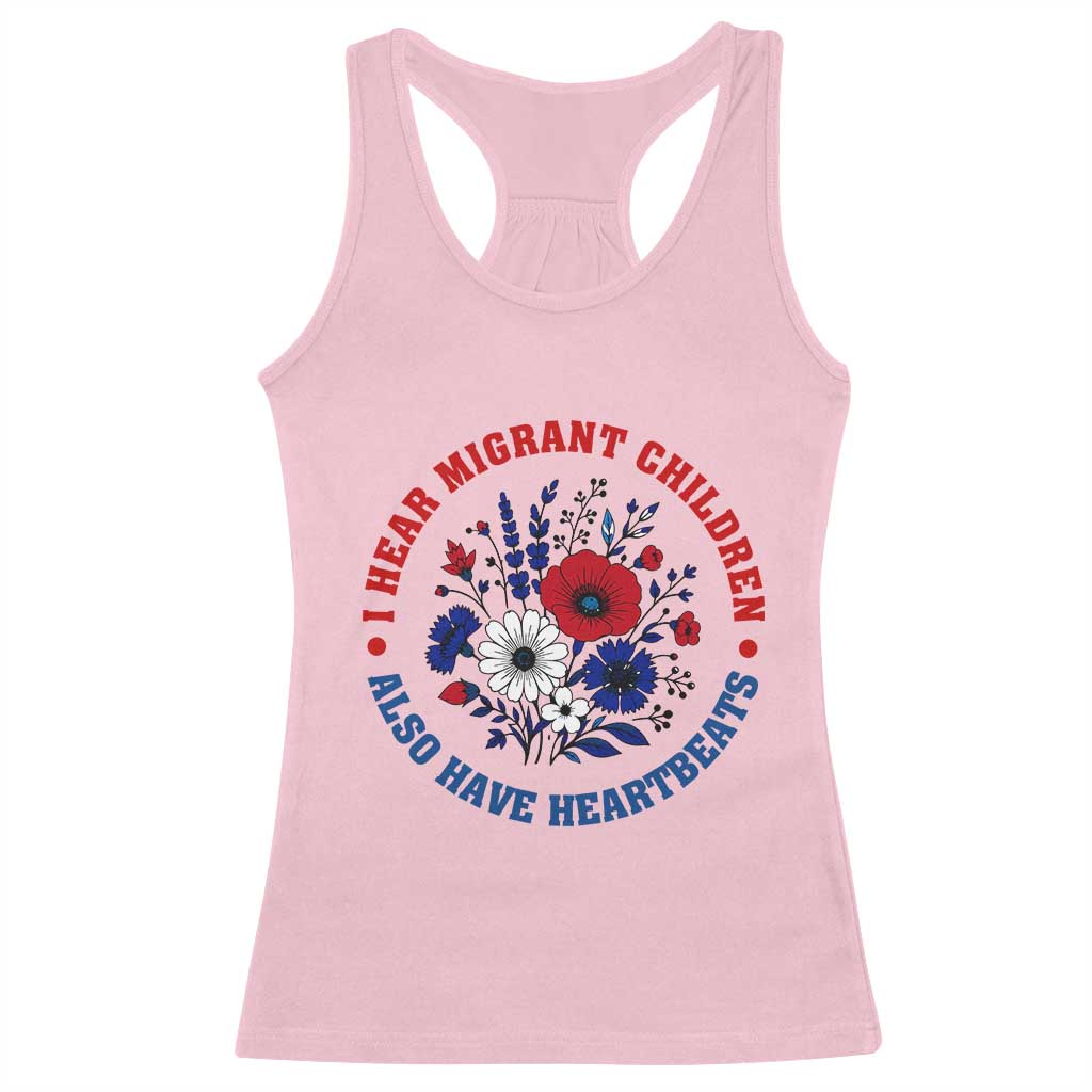 I Hear Migrant Children Also Have Heartbeats Racerback Tank Top Patriotic Red White Blue Floral Human Rights