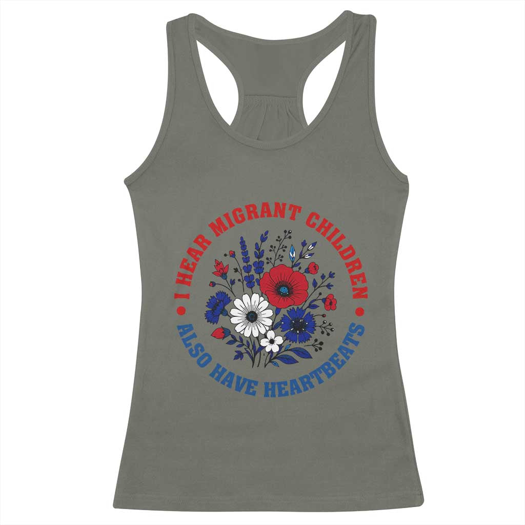 I Hear Migrant Children Also Have Heartbeats Racerback Tank Top Patriotic Red White Blue Floral Human Rights