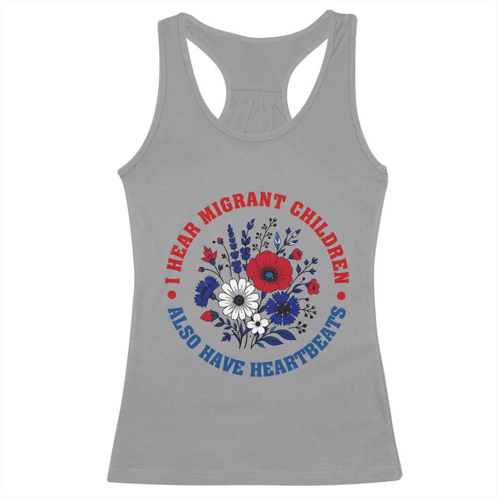 I Hear Migrant Children Also Have Heartbeats Racerback Tank Top Patriotic Red White Blue Floral Human Rights