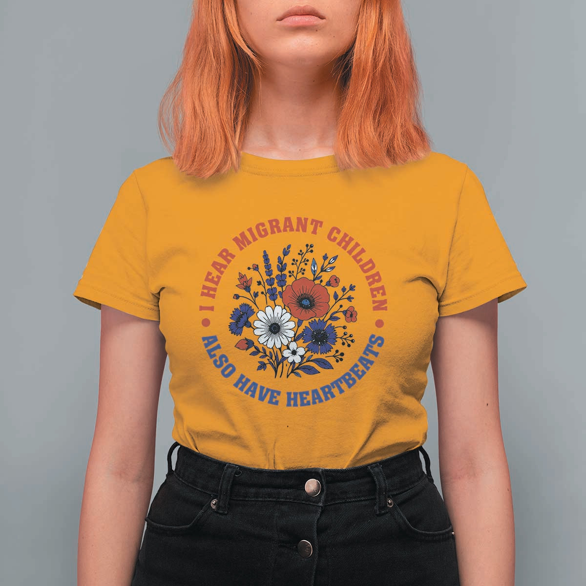 I Hear Migrant Children Also Have Heartbeats T Shirt For Women Patriotic Red White Blue Floral Human Rights