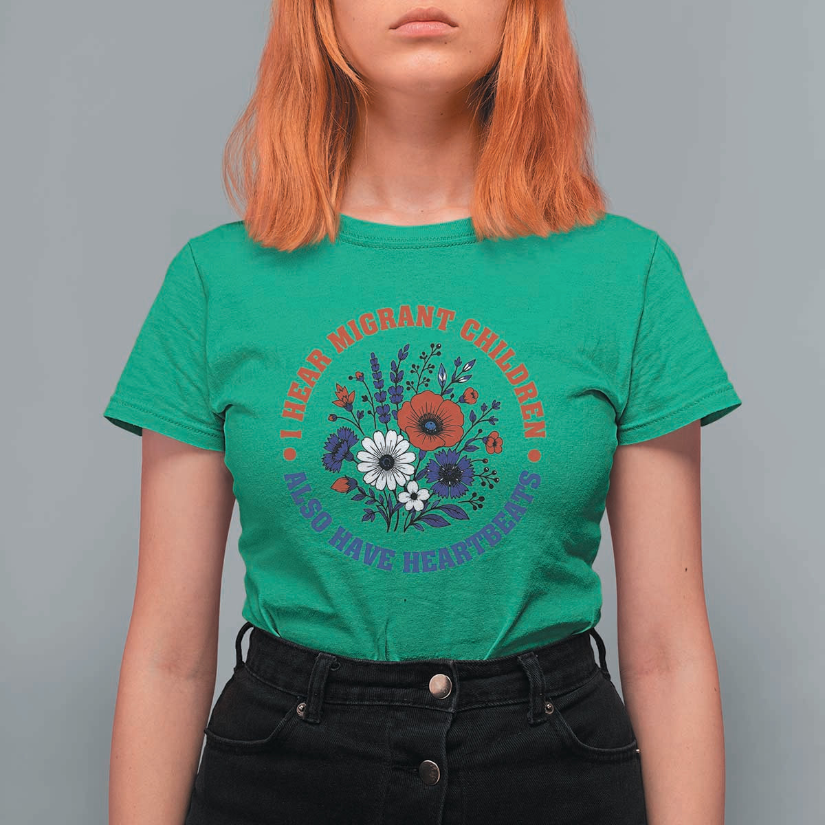 I Hear Migrant Children Also Have Heartbeats T Shirt For Women Patriotic Red White Blue Floral Human Rights