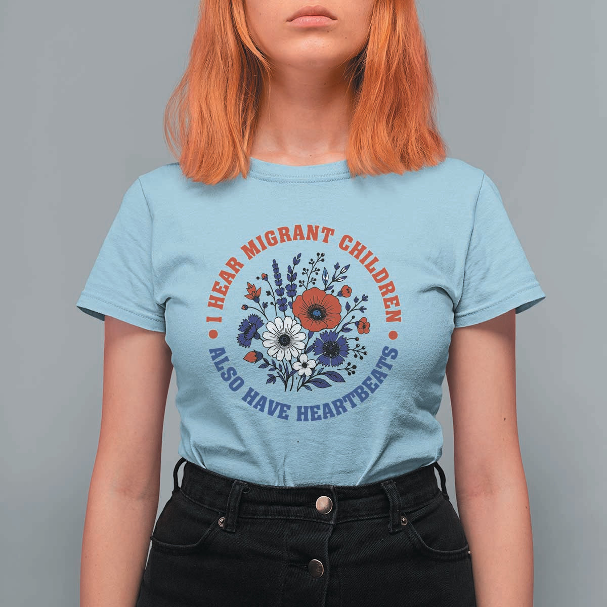 I Hear Migrant Children Also Have Heartbeats T Shirt For Women Patriotic Red White Blue Floral Human Rights