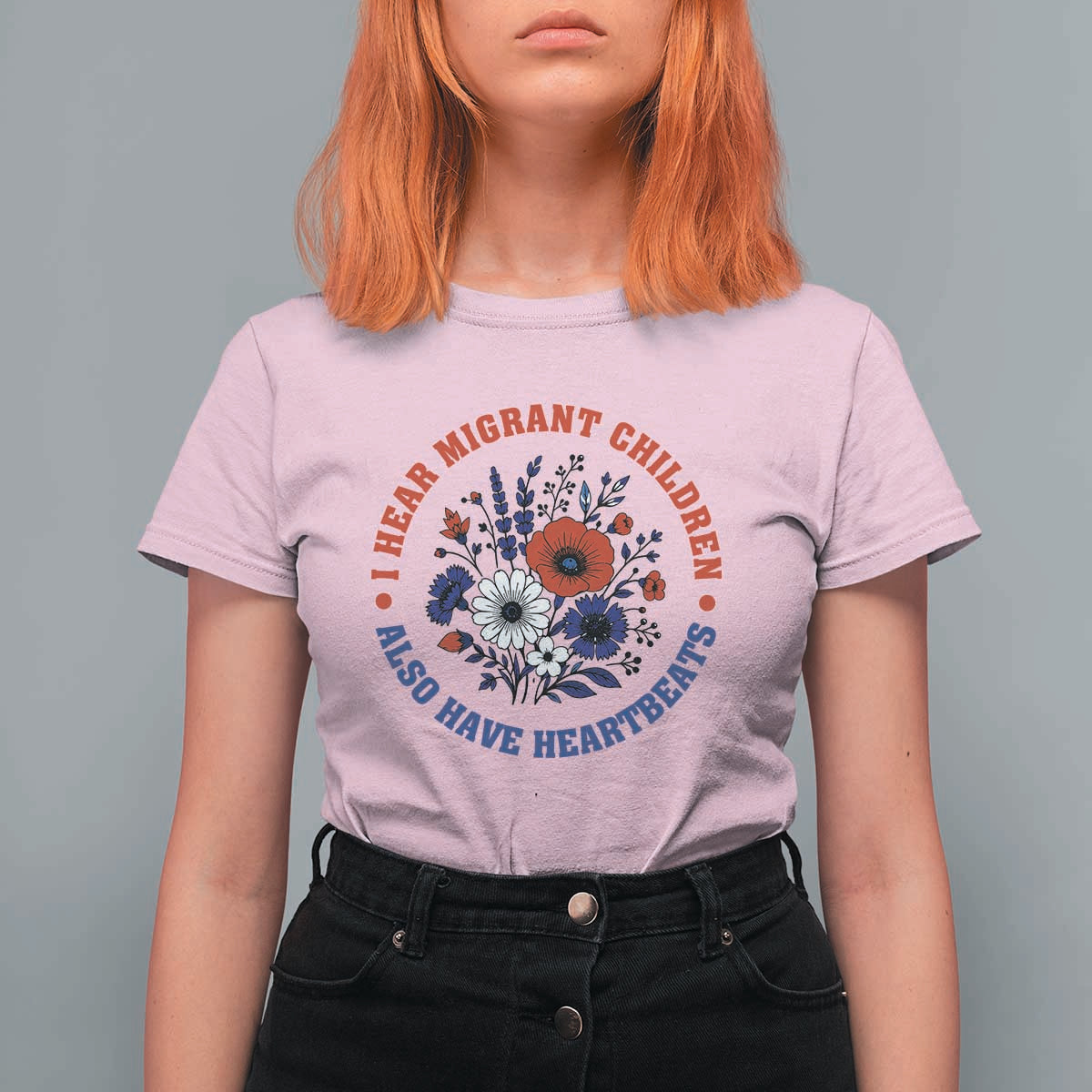 I Hear Migrant Children Also Have Heartbeats T Shirt For Women Patriotic Red White Blue Floral Human Rights