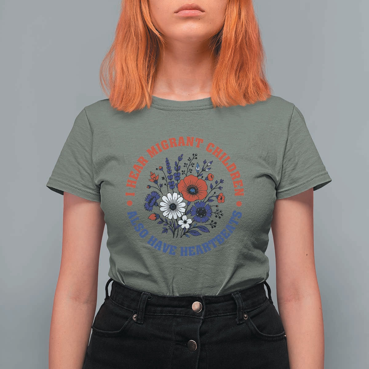 I Hear Migrant Children Also Have Heartbeats T Shirt For Women Patriotic Red White Blue Floral Human Rights
