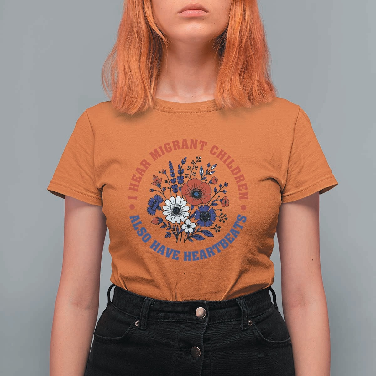 I Hear Migrant Children Also Have Heartbeats T Shirt For Women Patriotic Red White Blue Floral Human Rights