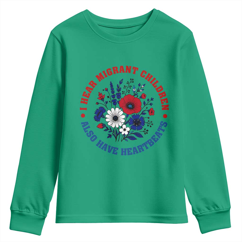 I Hear Migrant Children Also Have Heartbeats Youth Sweatshirt Patriotic Red White Blue Floral Human Rights