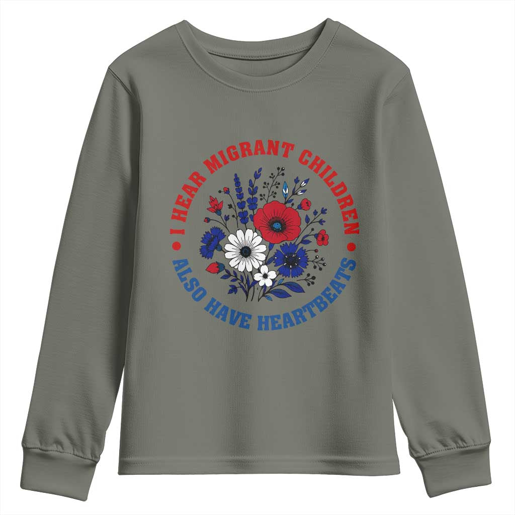 I Hear Migrant Children Also Have Heartbeats Youth Sweatshirt Patriotic Red White Blue Floral Human Rights