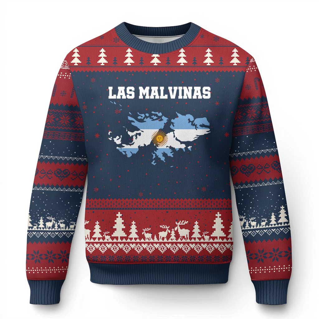Las Malvinas Island Map Flag Graphic Ugly Christmas Sweater Patriotic Sovereignty Argentine Heritage Sun of May Pride