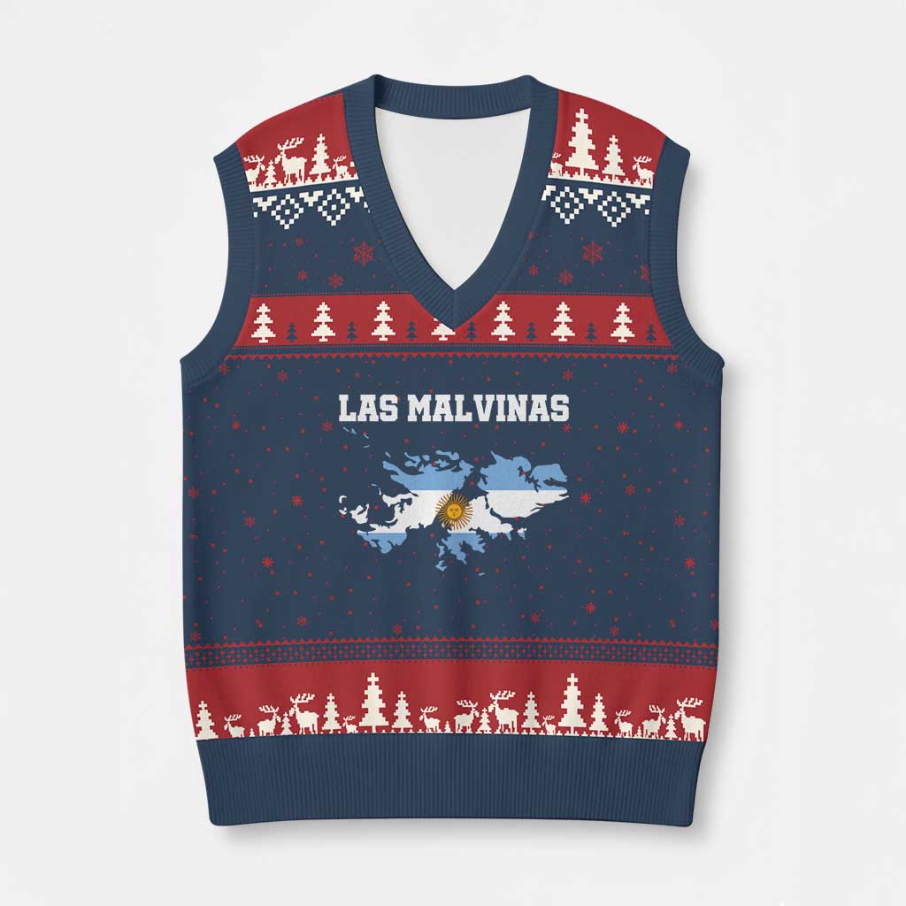 Las Malvinas Island Map Flag Graphic V-Neck Knit Sweater Vest Patriotic Sovereignty Argentine Heritage Sun of May Pride