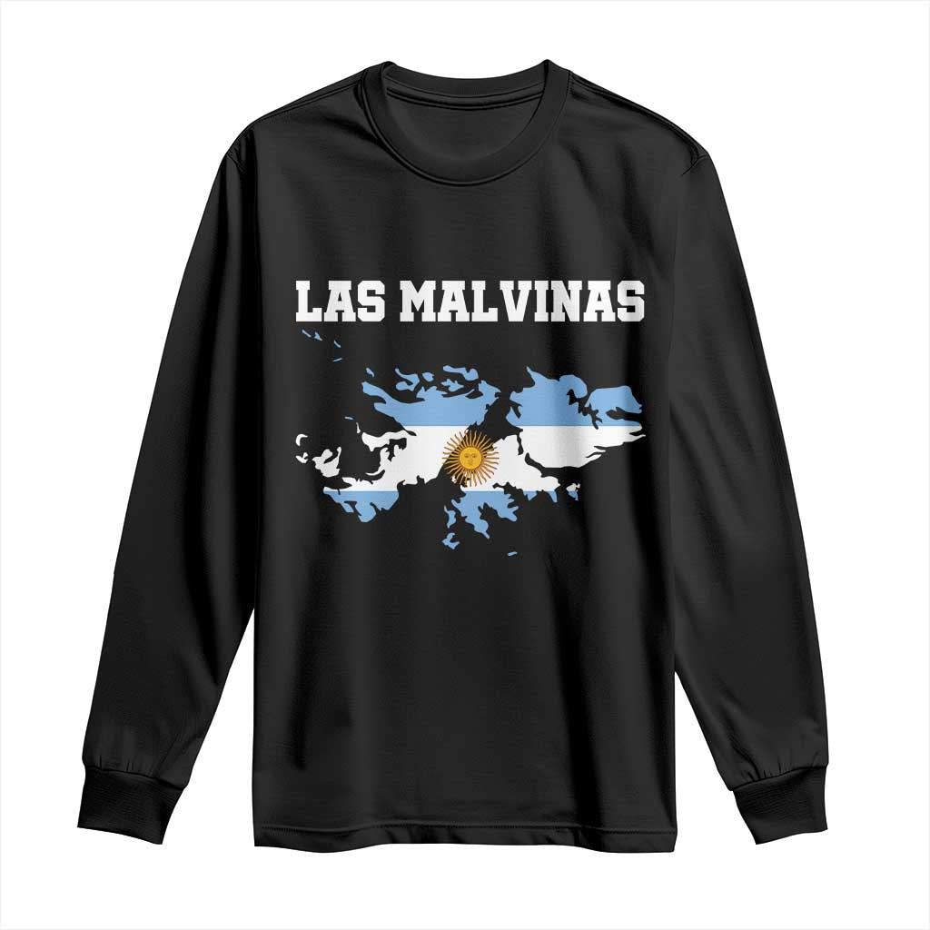 Las Malvinas Island Map Flag Graphic Long Sleeve Shirt Patriotic Sovereignty Argentine Heritage Sun of May Pride