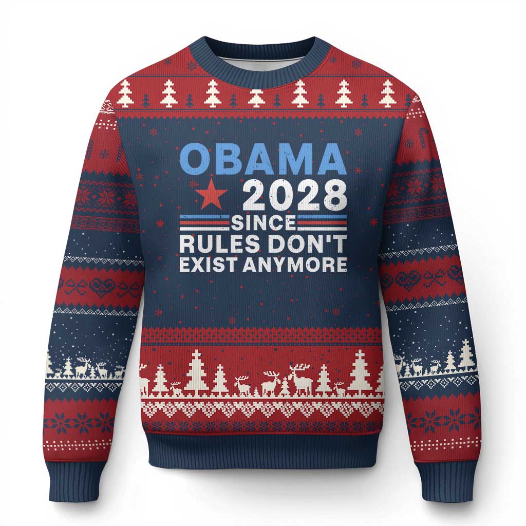 Obama 2028 Since Rules Dont Exist Anymore Ugly Christmas Sweater Political Satire Red White and Blue