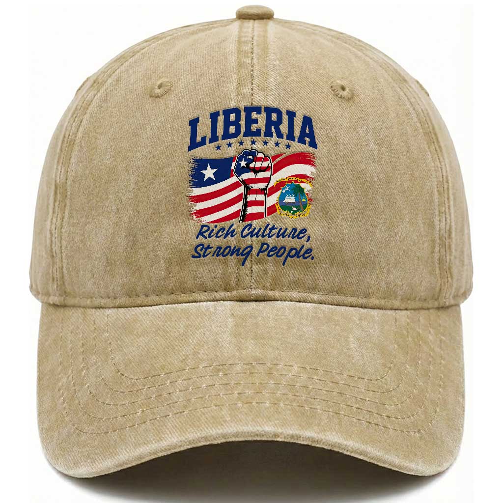 Liberia Rich Culture Strong People Patriotic Washed Cotton Baseball Cap Liberian Flag Fist Coat Of Arms Heritage Pride