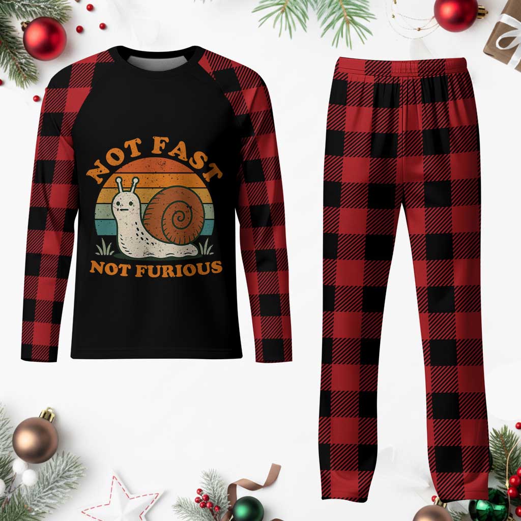 Funny Snail Introvert Slow Living Plaid Pajama Set Not Fast Not Furious Retro Sunset