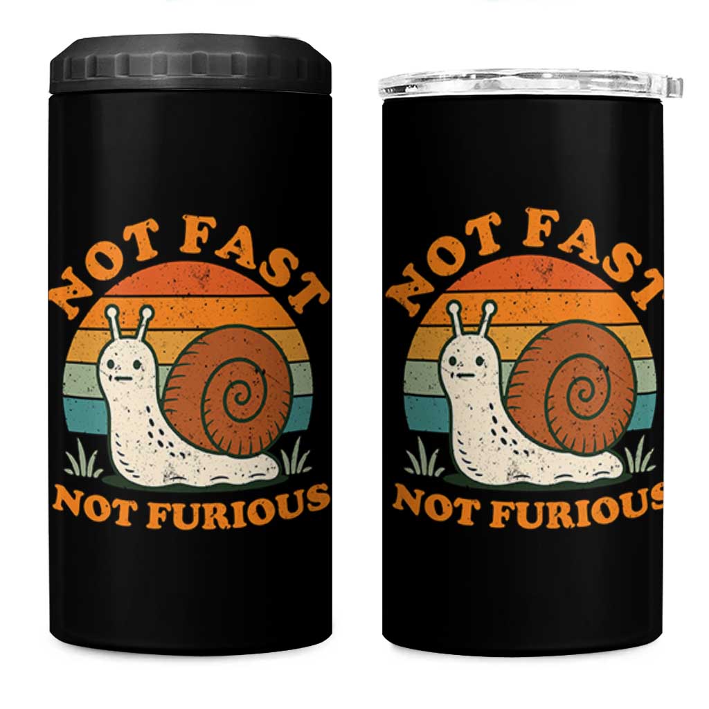 Funny Snail Introvert Slow Living 4 in 1 Can Cooler Tumbler Not Fast Not Furious Retro Sunset