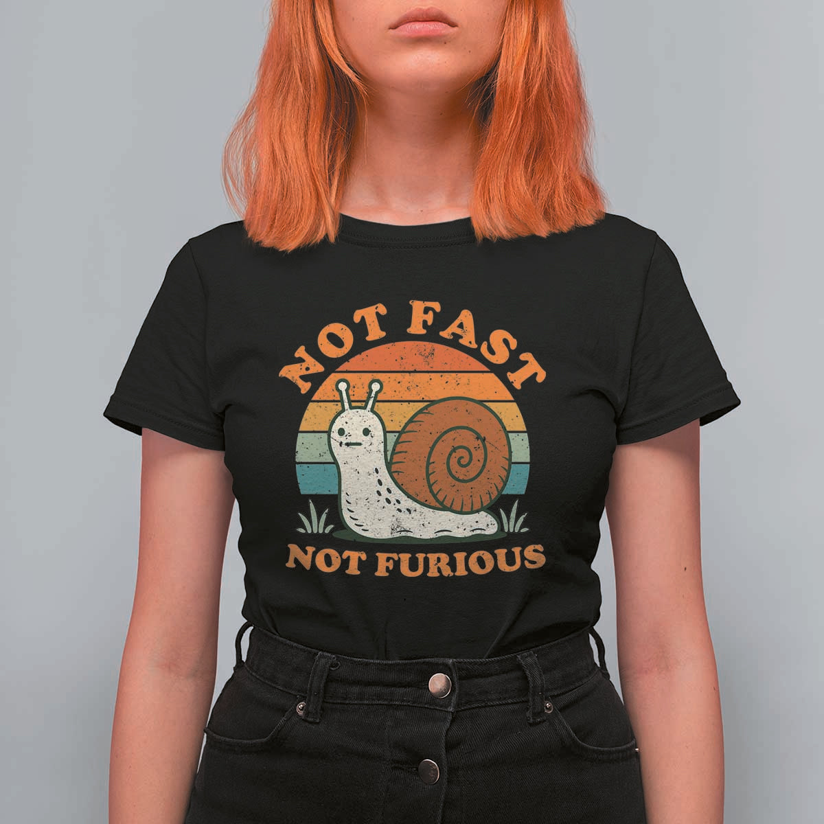 Funny Snail Introvert Slow Living T Shirt For Women Not Fast Not Furious Retro Sunset