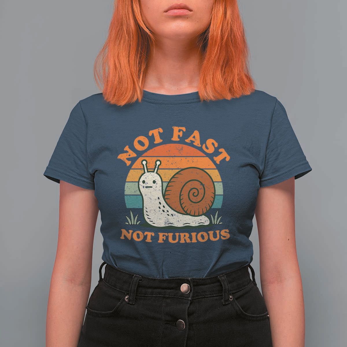 Funny Snail Introvert Slow Living T Shirt For Women Not Fast Not Furious Retro Sunset