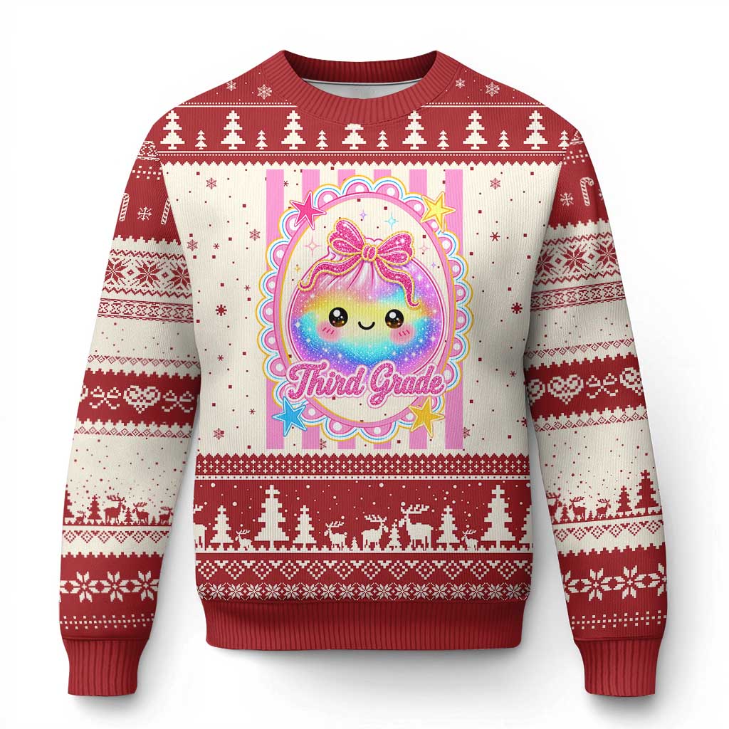 Kawaii Third Grade Glitter Dumpling Printed Graphic Ugly Christmas Sweater Cute First Day Back To School for Students Teachers