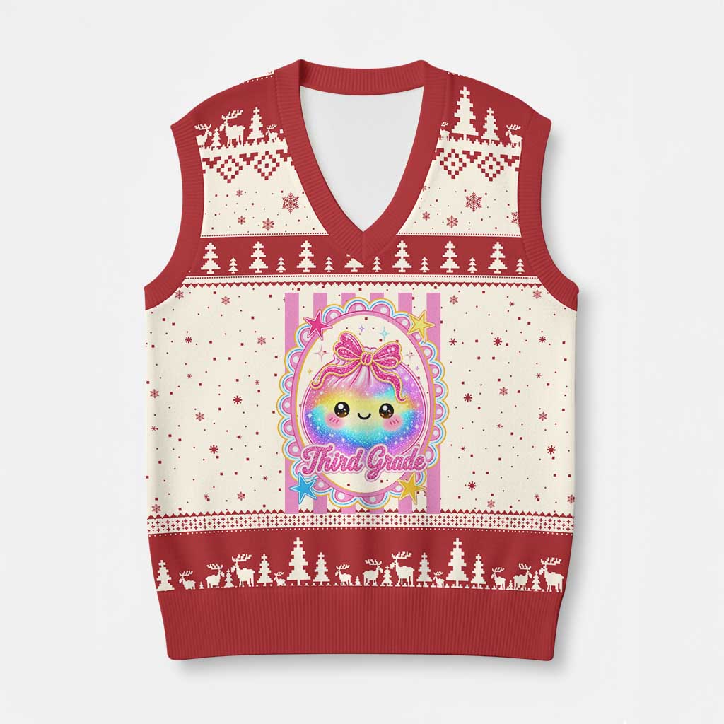 Kawaii Third Grade Glitter Dumpling Printed Graphic V-Neck Knit Sweater Vest Cute First Day Back To School for Students Teachers