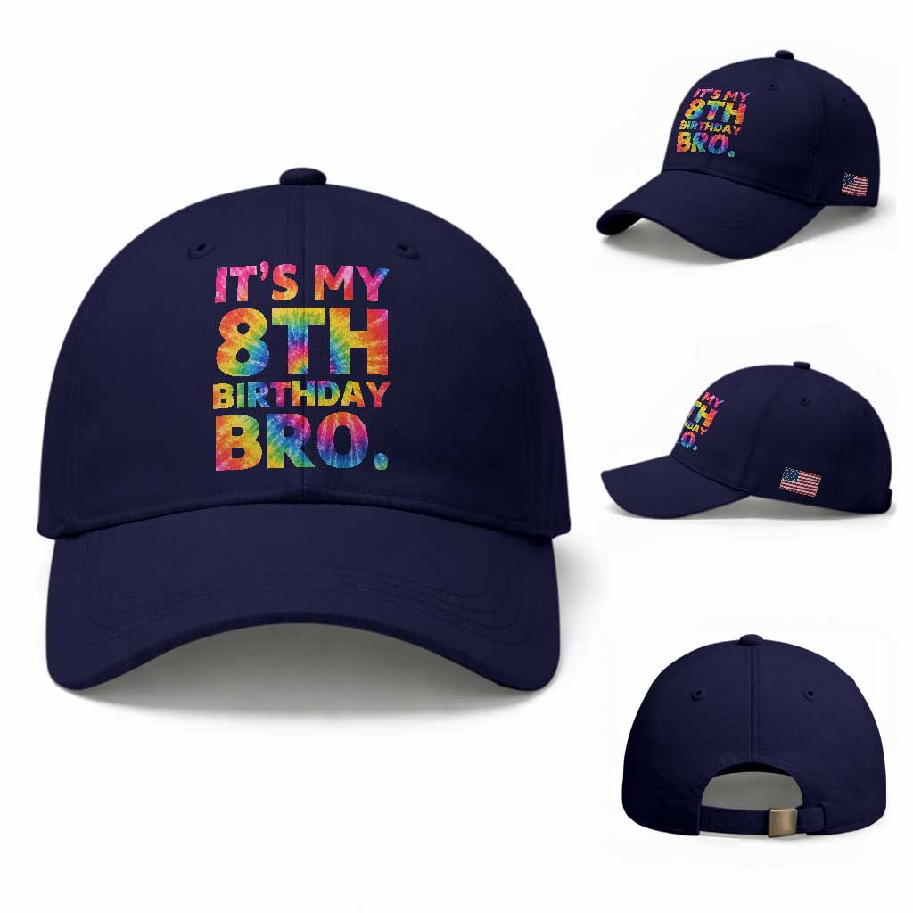 It is My 8th Birthday Bro Printed Tie Dye Graphic Baseball Cap 8 Years Old Bday Party Retro Hippie Rainbow