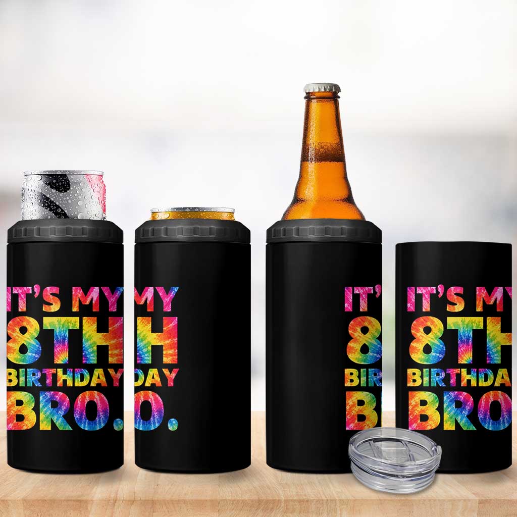 It is My 8th Birthday Bro Printed Tie Dye Graphic 4 in 1 Can Cooler Tumbler 8 Years Old Bday Party Retro Hippie Rainbow