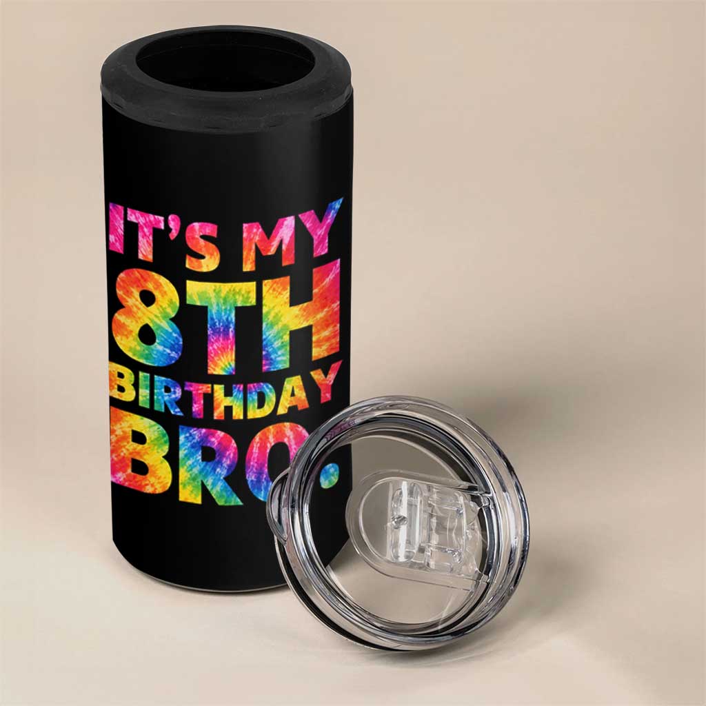 It is My 8th Birthday Bro Printed Tie Dye Graphic 4 in 1 Can Cooler Tumbler 8 Years Old Bday Party Retro Hippie Rainbow